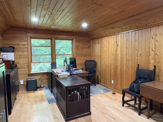 5 Canoe Ct Unit T3 R9, Nwp, ME 04462 - home office featuring wooden ceiling, lofted ceiling, light wood finished floors, and wood walls