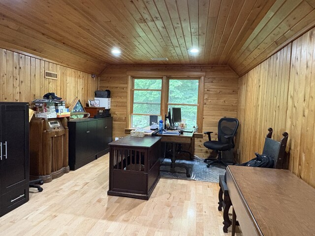 5 Canoe Ct Unit T3 R9, Nwp, ME 04462 - office space featuring wooden ceiling, wood walls, light wood-type flooring, and vaulted ceiling