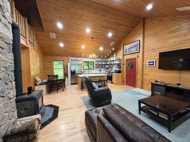 5 Canoe Ct Unit T3 R9, Nwp, ME 04462 - living room with a wood stove, wooden ceiling, high vaulted ceiling, wooden walls, and light wood finished floors