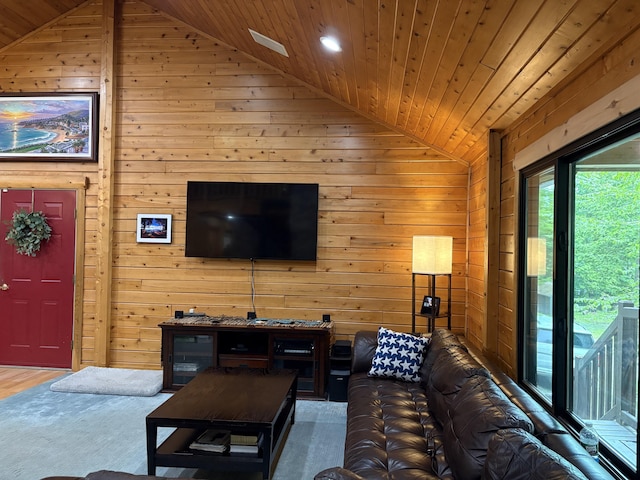 5 Canoe Ct Unit T3 R9, Nwp, ME 04462 - living room featuring wood ceiling, wood walls, recessed lighting, and high vaulted ceiling