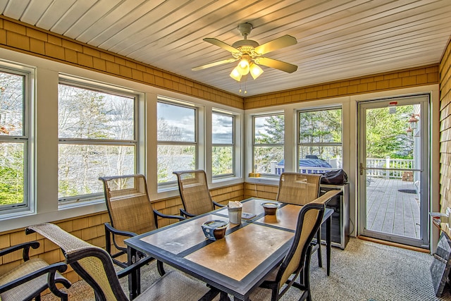 sunroom featuring wooden walls and a healthy amount of sunlight