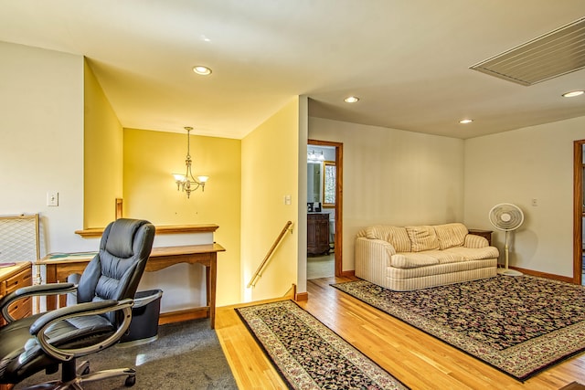 office with recessed lighting, visible vents, and wood finished floors