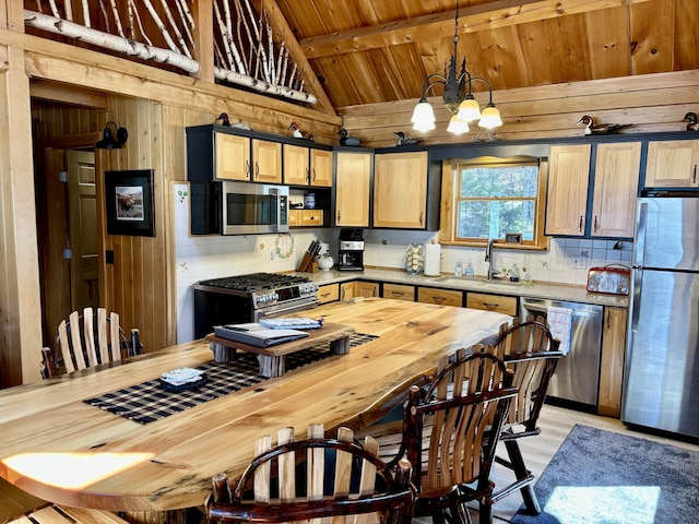 106 N Birch St, Greenville, ME 04441 - kitchen featuring appliances with stainless steel finishes, a sink, a chandelier, decorative backsplash, and light wood-type flooring