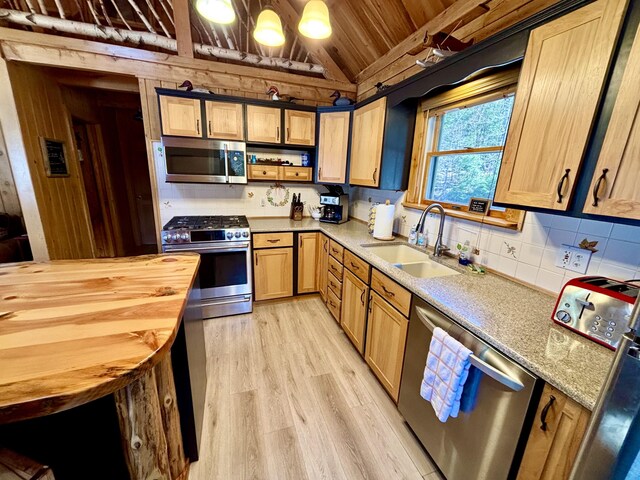 106 N Birch St, Greenville, ME 04441 - kitchen featuring stainless steel appliances, wooden counters, a sink, lofted ceiling, and wood ceiling