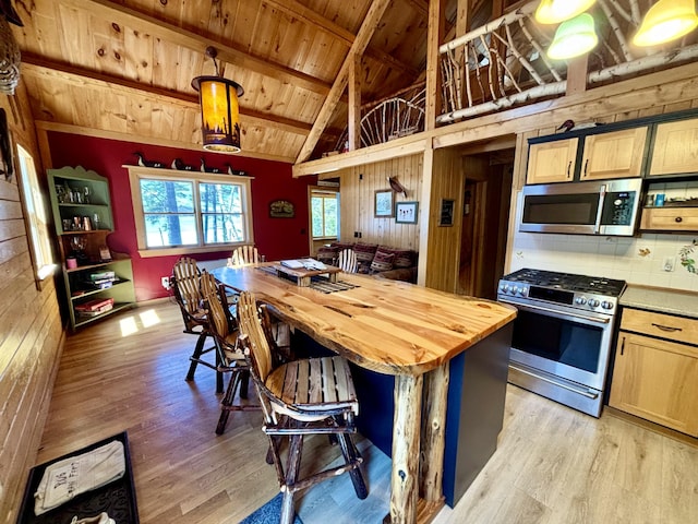 106 N Birch St, Greenville, ME 04441 - kitchen featuring stainless steel appliances, wooden ceiling, wooden walls, butcher block counters, and beamed ceiling