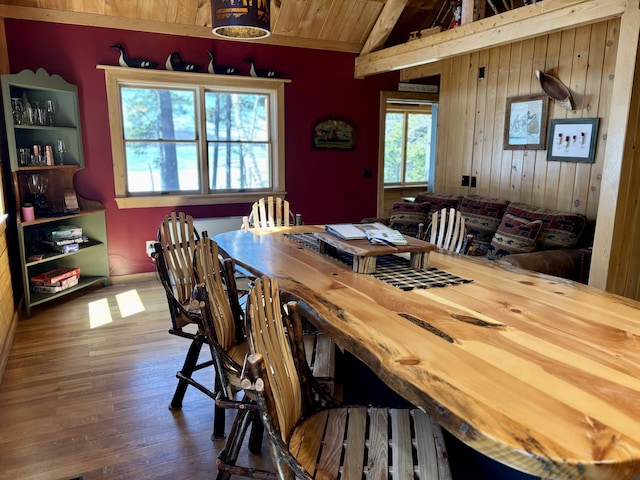 106 N Birch St, Greenville, ME 04441 - dining area with wooden walls, hardwood / wood-style floors, and wooden ceiling