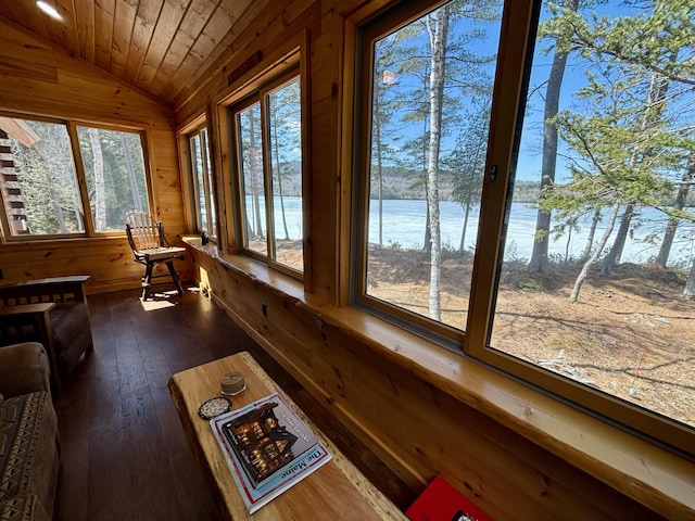 106 N Birch St, Greenville, ME 04441 - sunroom with lofted ceiling, a water view, wooden walls, wooden ceiling, and hardwood / wood-style flooring