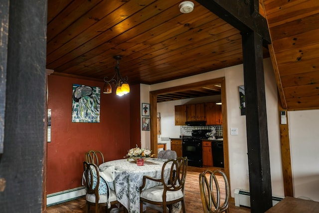 4 Mias Way, Ellsworth, ME 04605 - dining room featuring a baseboard radiator, dark wood-style flooring, and wooden ceiling