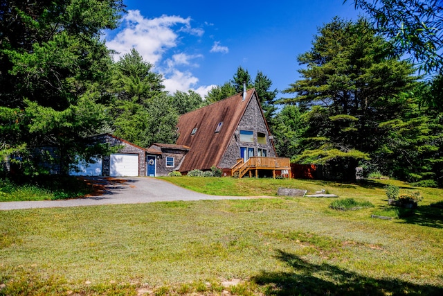 4 Mias Way, Ellsworth, ME 04605 - a-frame style home featuring driveway, a garage, a front yard, and a wooden deck