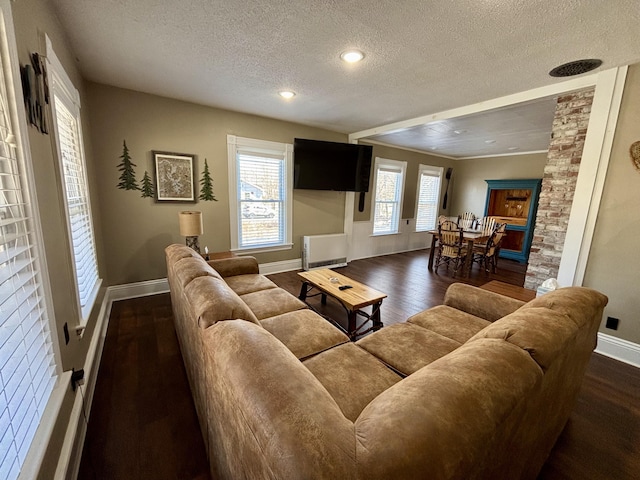 living room with baseboards, wood finished floors, and a textured ceiling