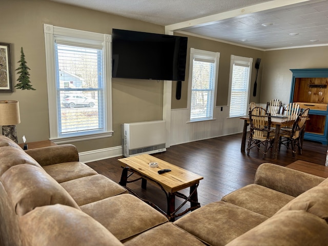 living room with heating unit, wood finished floors, a wainscoted wall, and a healthy amount of sunlight