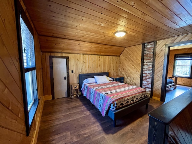 bedroom featuring wood ceiling, wooden walls, wood finished floors, and lofted ceiling