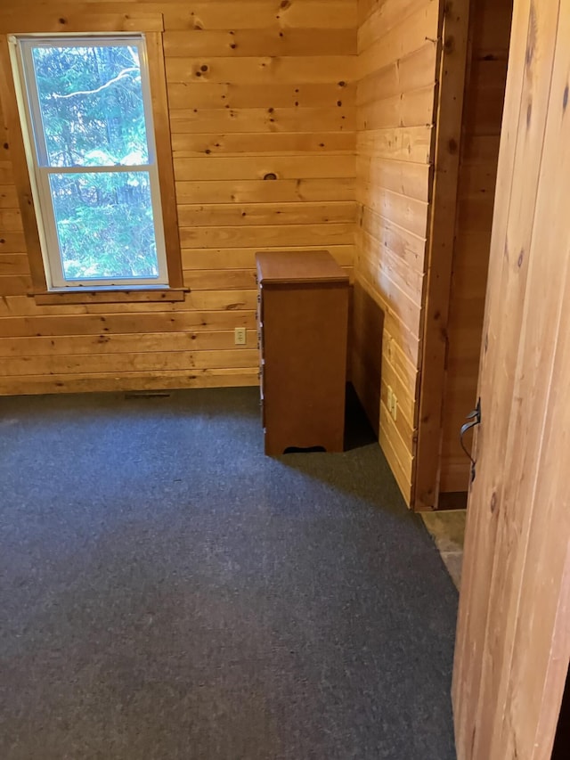 bonus room with carpet floors and wood walls
