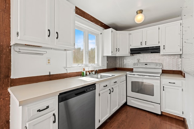 kitchen with white cabinetry, under cabinet range hood, white electric range oven, dishwasher, and a sink
