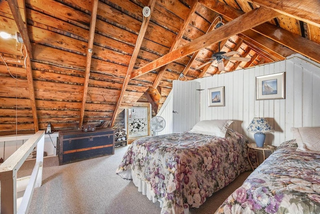 bedroom featuring vaulted ceiling with beams, wooden walls, carpet floors, and wooden ceiling