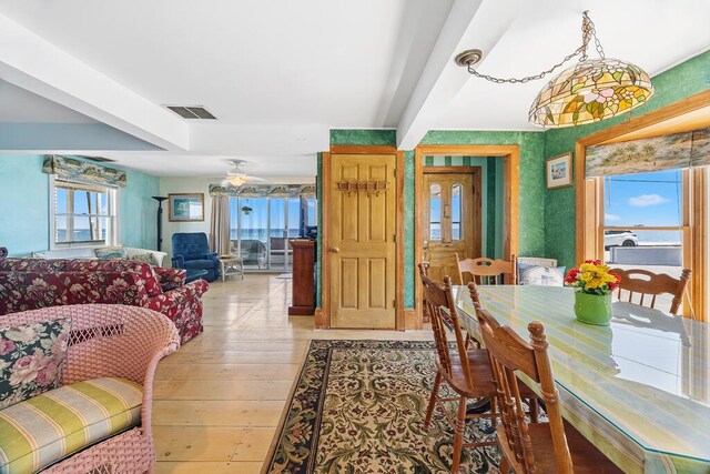 dining room featuring light wood finished floors, a ceiling fan, and visible vents