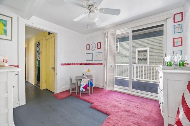 recreation room with a ceiling fan