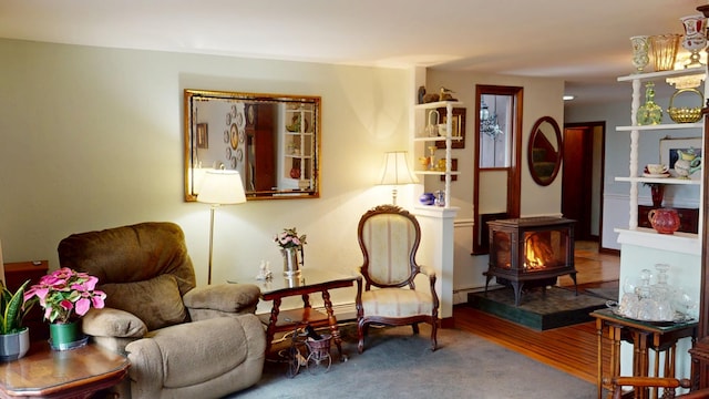 sitting room featuring a wood stove, a baseboard radiator, and wood finished floors