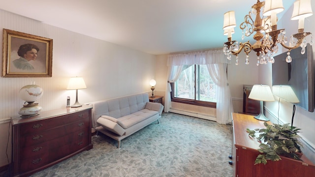 living area featuring a baseboard heating unit, an inviting chandelier, and carpet floors