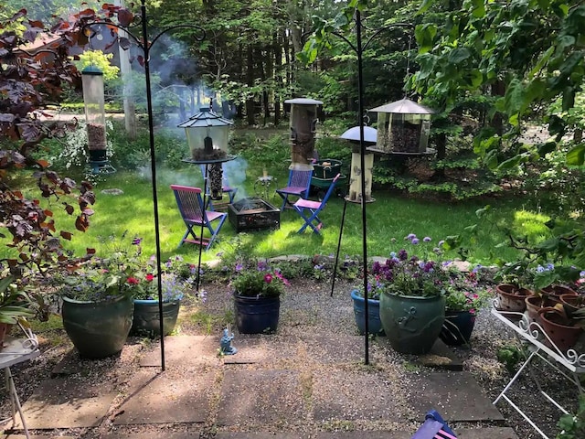view of yard featuring a fire pit
