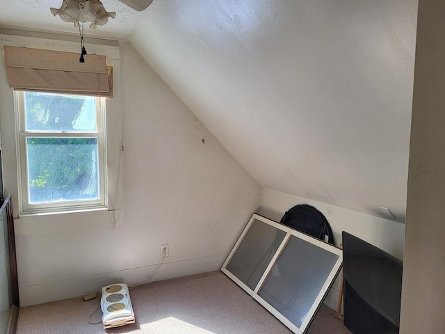 bonus room with ceiling fan, carpet flooring, and lofted ceiling