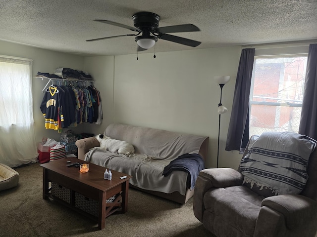 335 Water St, Hallowell, ME 04347 - living area featuring carpet floors, a textured ceiling, and a ceiling fan