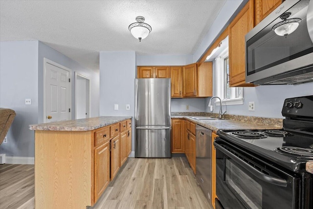 kitchen featuring a peninsula, appliances with stainless steel finishes, a sink, and light wood-style floors