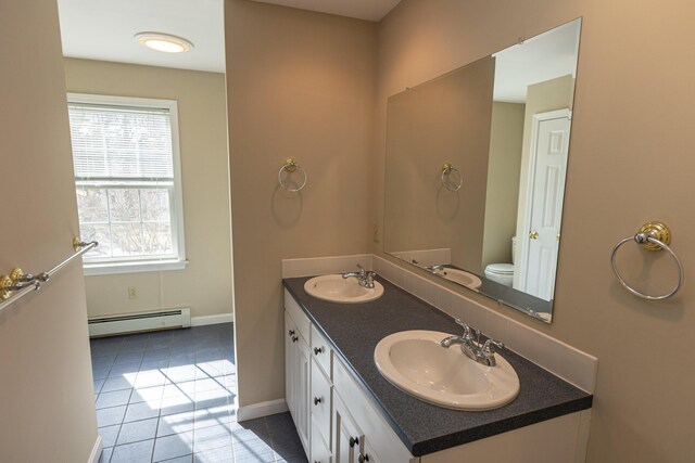 21 Oakmont Dr Unit 21, Old Orchard Beach, ME 04064 - bathroom with baseboard heating, toilet, tile patterned flooring, and a sink
