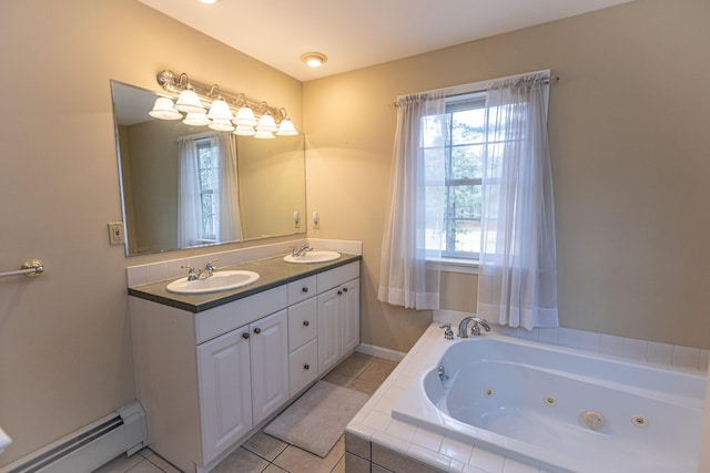 21 Oakmont Dr Unit 21, Old Orchard Beach, ME 04064 - bathroom featuring a baseboard heating unit, a whirlpool tub, a sink, and double vanity