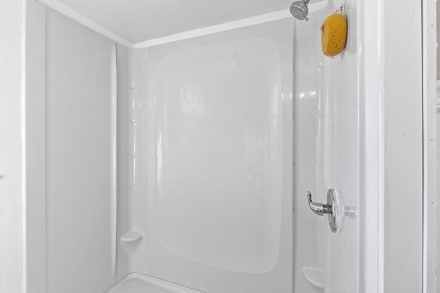 bathroom with ornamental molding and walk in shower