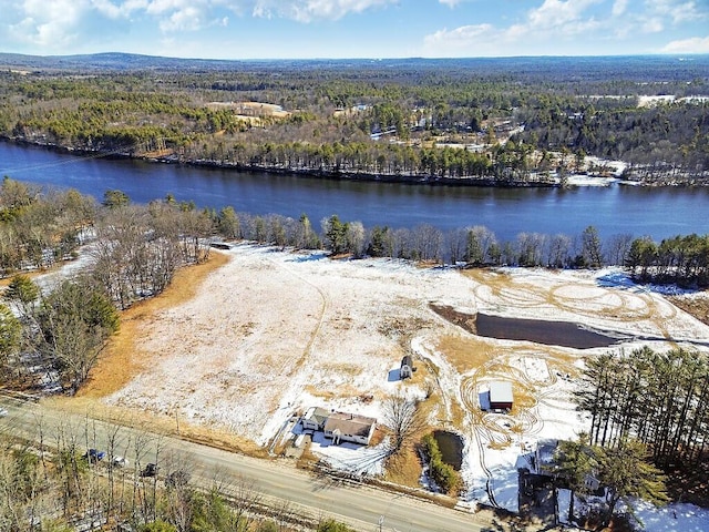 aerial view featuring a water view and a wooded view