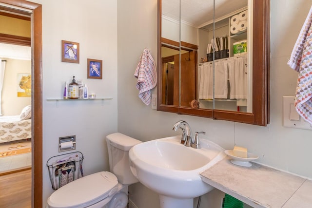 half bath with toilet, a sink, and ornamental molding
