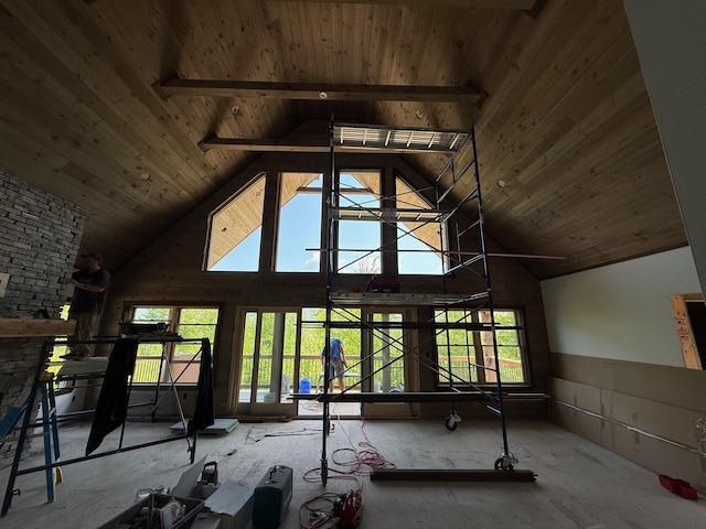 46 Harmony Row, Bethel, ME 04217 - unfurnished living room featuring high vaulted ceiling and wood ceiling