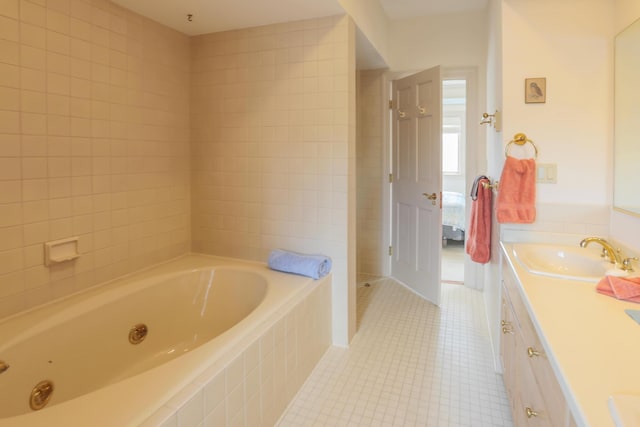 full bathroom with walk in shower, tile patterned flooring, double vanity, a bath, and a sink