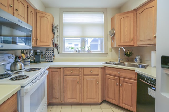 kitchen with stainless steel microwave, a sink, light countertops, dishwasher, and white electric stove