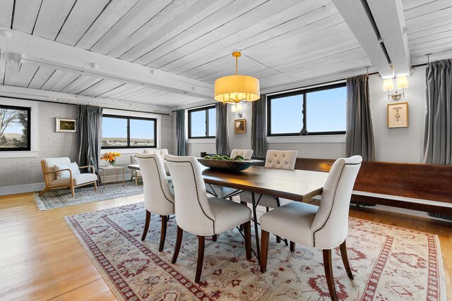 21 Atlantic St, Rockland, ME 04841 - dining room featuring light wood-style flooring, wooden ceiling, baseboards, and beam ceiling