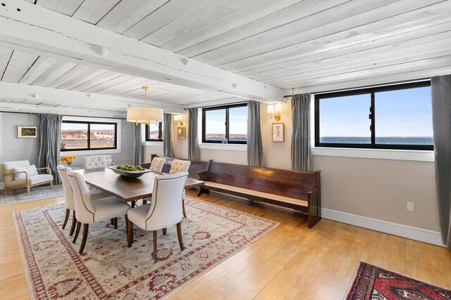 21 Atlantic St, Rockland, ME 04841 - dining area featuring light wood-style floors, wooden ceiling, beamed ceiling, and baseboards