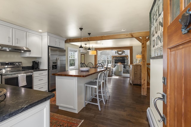 27 Miller Ln, Alfred, ME 04002 - kitchen featuring butcher block countertops, stainless steel appliances, under cabinet range hood, baseboard heating, and open floor plan