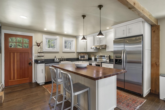 27 Miller Ln, Alfred, ME 04002 - kitchen with a sink, butcher block countertops, under cabinet range hood, white cabinetry, and appliances with stainless steel finishes