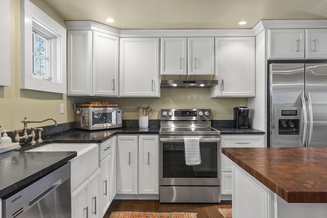 27 Miller Ln, Alfred, ME 04002 - kitchen with recessed lighting, wood counters, under cabinet range hood, appliances with stainless steel finishes, and white cabinetry