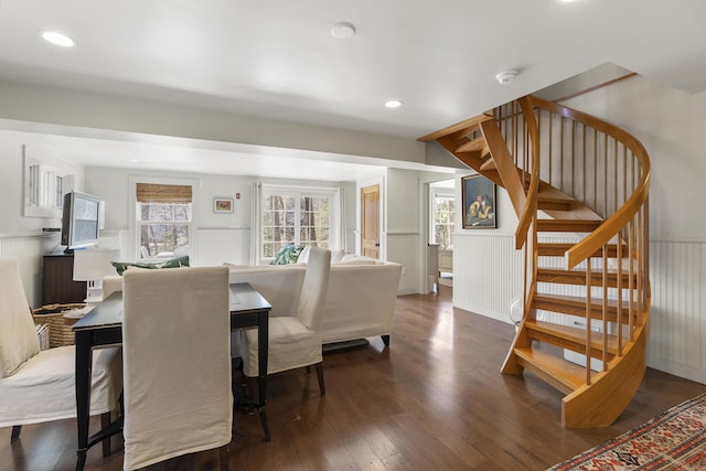 27 Miller Ln, Alfred, ME 04002 - dining space with dark wood-type flooring, a wainscoted wall, recessed lighting, and stairs