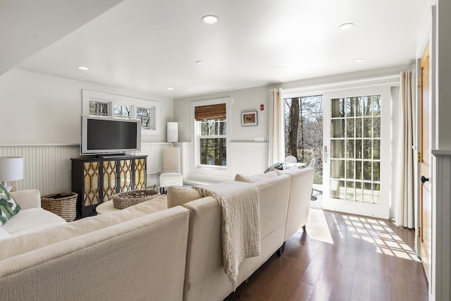 27 Miller Ln, Alfred, ME 04002 - living room with hardwood / wood-style flooring, recessed lighting, and wainscoting