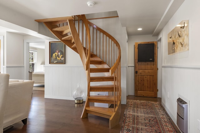 27 Miller Ln, Alfred, ME 04002 - staircase with heating unit, a wainscoted wall, and wood-type flooring
