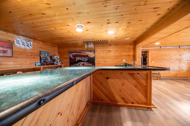 481 Washington Rd, Jefferson, ME 04348 - bar with wet bar, wood walls, wooden ceiling, and light wood-style flooring