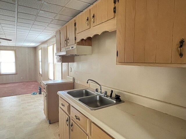 kitchen featuring a sink, light countertops, light floors, and under cabinet range hood