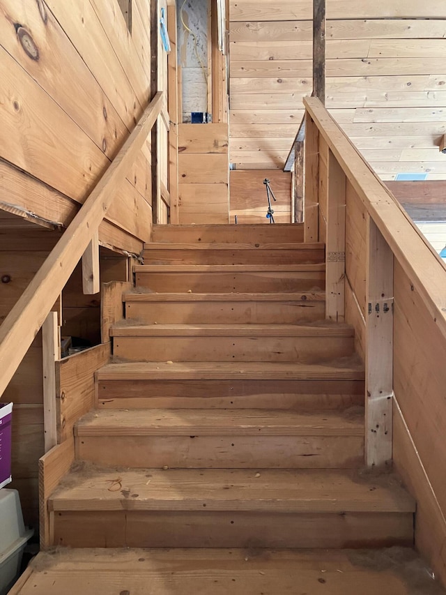 44 Webb Pond Rd, Eastbrook, ME 04634 - staircase featuring a sauna / steam room and wood walls