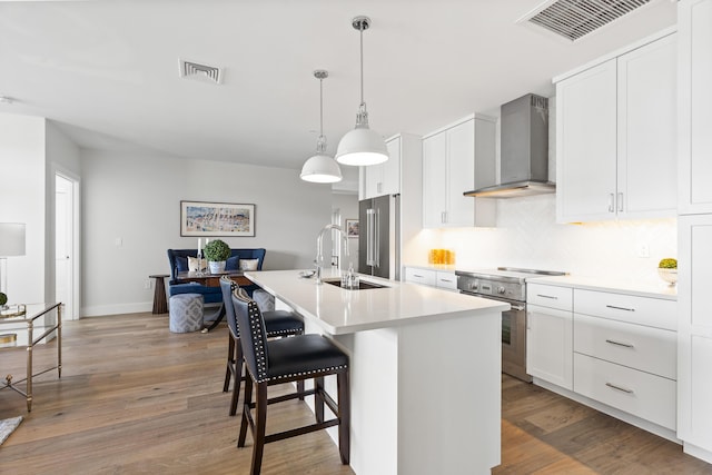 kitchen with visible vents, a kitchen island with sink, wall chimney range hood, a sink, and appliances with stainless steel finishes