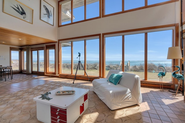 683 Kings Hwy, Kennebunkport, ME 04046 - living area featuring a high ceiling, tile patterned flooring, and plenty of natural light