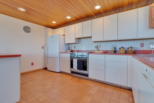 683 Kings Hwy, Kennebunkport, ME 04046 - kitchen featuring recessed lighting, white appliances, wood ceiling, and backsplash