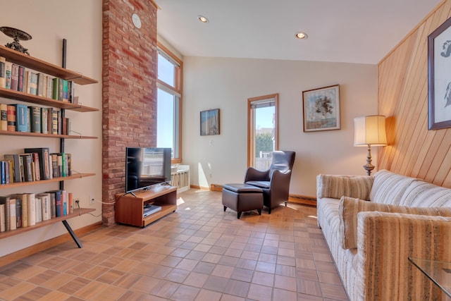 683 Kings Hwy, Kennebunkport, ME 04046 - living area with recessed lighting, baseboard heating, baseboards, and lofted ceiling